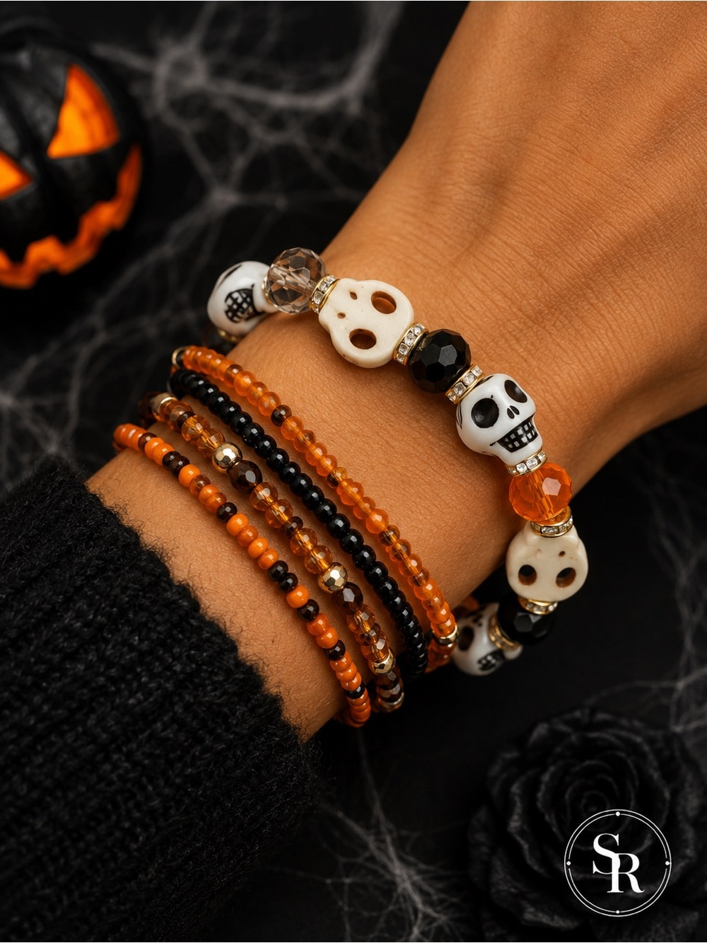 Halloween Skull Stretch Bracelet Orange Black Faceted Beads NWT 7”